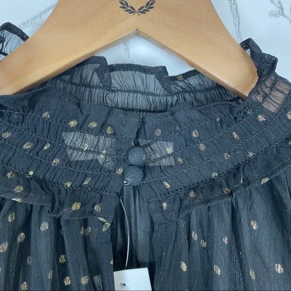 LOFT Sheer Black & Gold Dot Peasant Blouse Ruffle - Picture 4 of 8